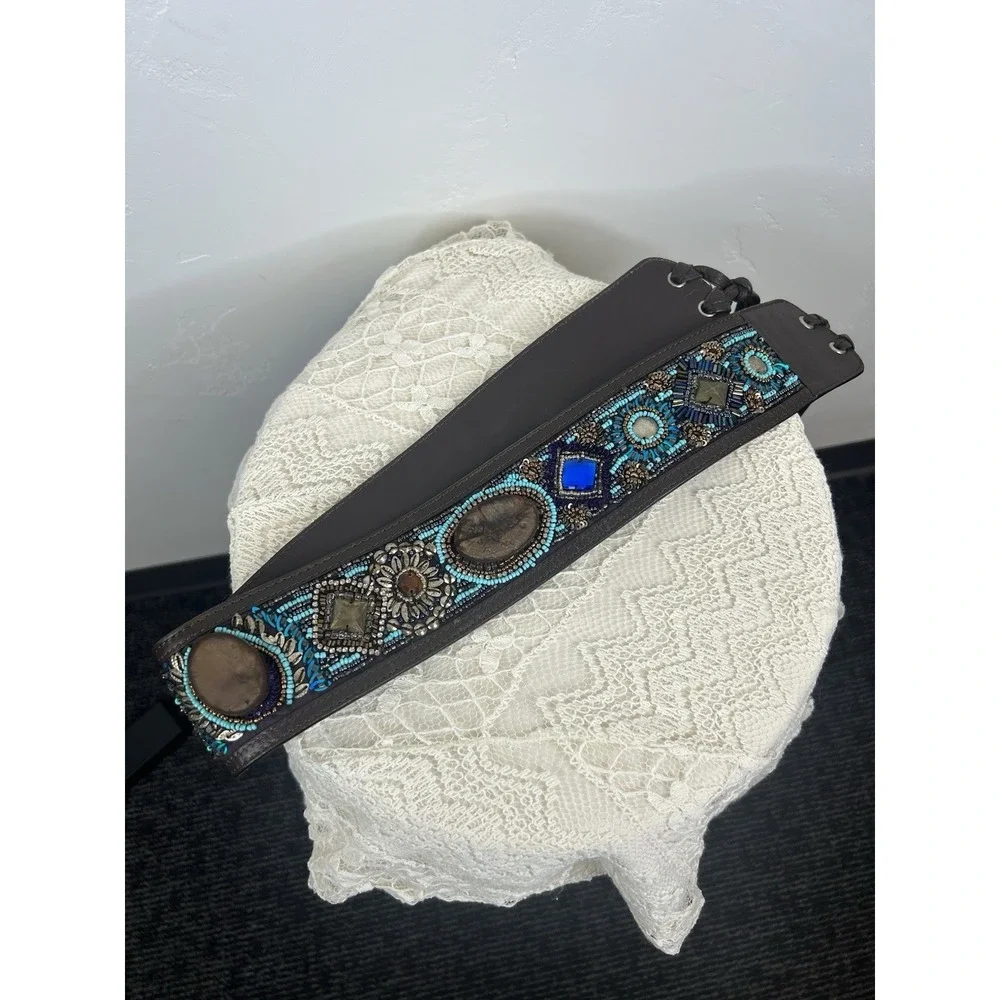 Beaded Faux Leather Embellished Fringe Tie Belt Southwestern Boho Festival OS